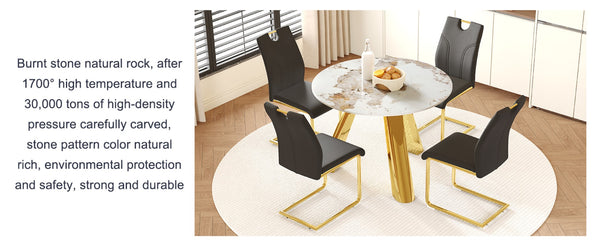 English Elm Table 5-Piece Dining Set: 42-Inch White Imitation Marble Round Top With 4 Chic Black Chairs & Gold Legs W2920S00051-GIGA