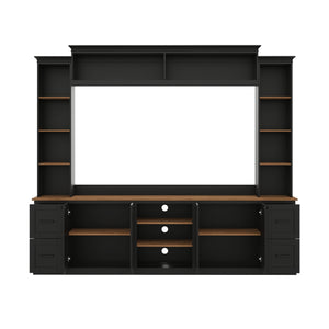 English Elm Unique Low Profile Media Console with Led Lighting Glass Shelves Fits Tvs to 105 Black N721S000077B