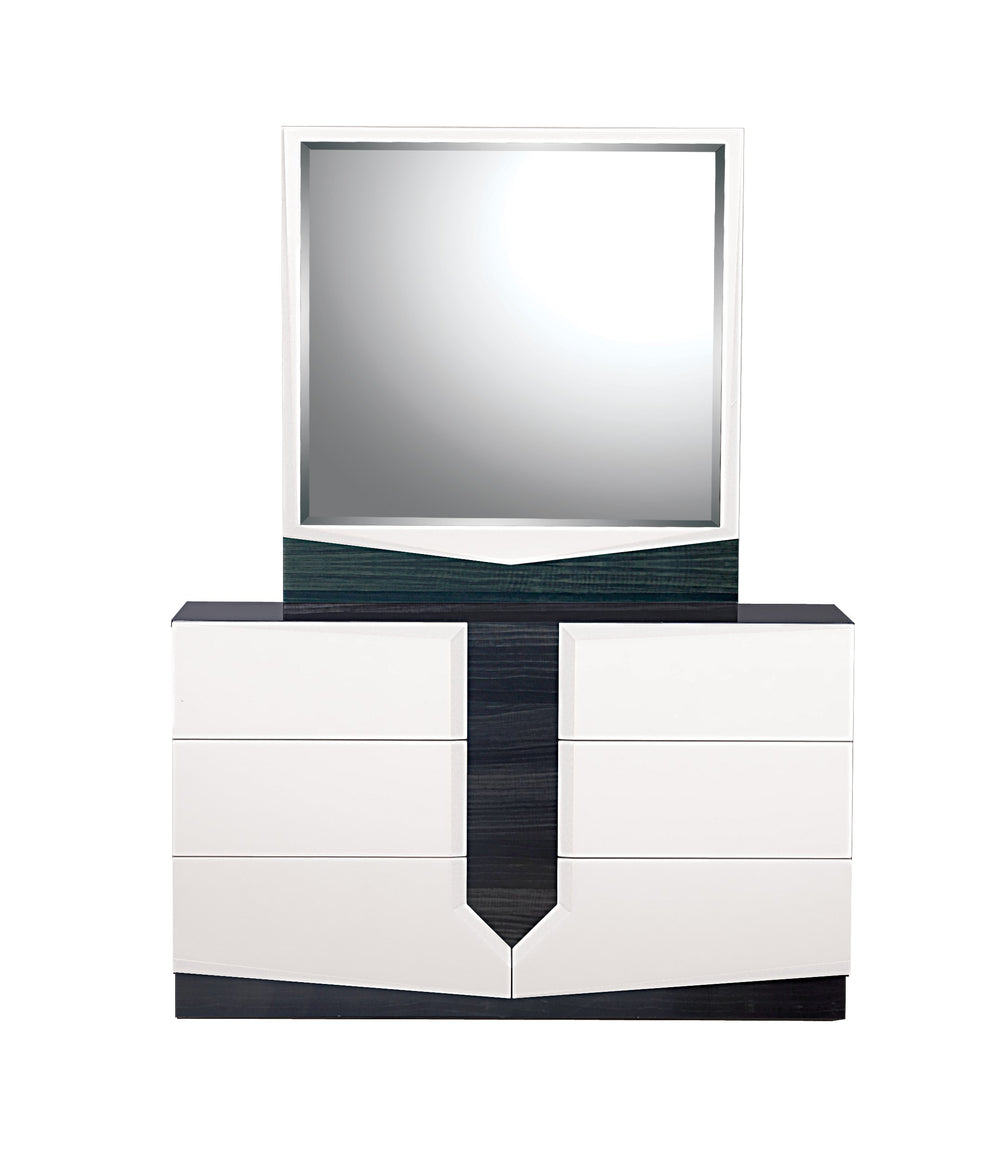 English Elm VIOS Zebra High Gloss Chest with Black Zebrano Accents, Solid Wood & MDF, Sleek Modern Storage White+Black 56.69 L x 20.28 W x 34.65 H B201P215804