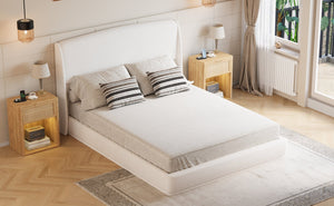 English Elm Upholstered Queen Platform Bed Curved Wingback Linen Headboard Modern Bedroom Frame Beige N733S439498A