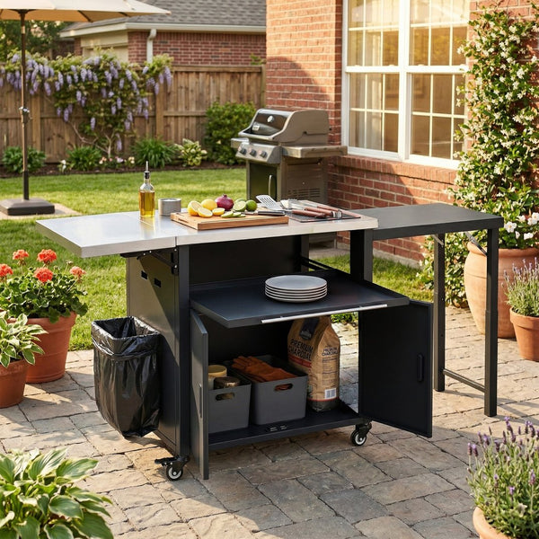 English Elm Outdoor Bbq Prep Cart Rolling Stainless Steel Grill Station with Foldable Work Surface Black N719P407404B