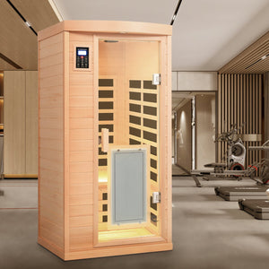 English Elm Low Emf Hemlock Wood Far Infrared Single Sauna with Glass Door and Bluetooth Audio W632S00028
