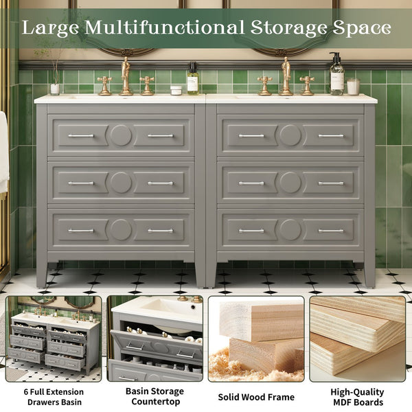 English Elm 60'' Freestanding Bathroom Vanity Set With Ceramic Sink, Gray Wood Frame & 3 Soft-Close Drawers N710SS00003E