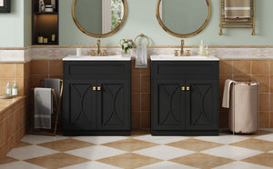 English Elm 60'' Bathroom Vanity Set With Ceramic Sink, Black Freestanding Cabinet, Gold Handles & Soft-Close Doors N710SS00005B