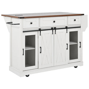 English Elm K&K 58" Farmhouse Kitchen Island with Sliding Barn Door, Drop Leaf, Glass Rack, Locking Wheels, Power White N707P349811W