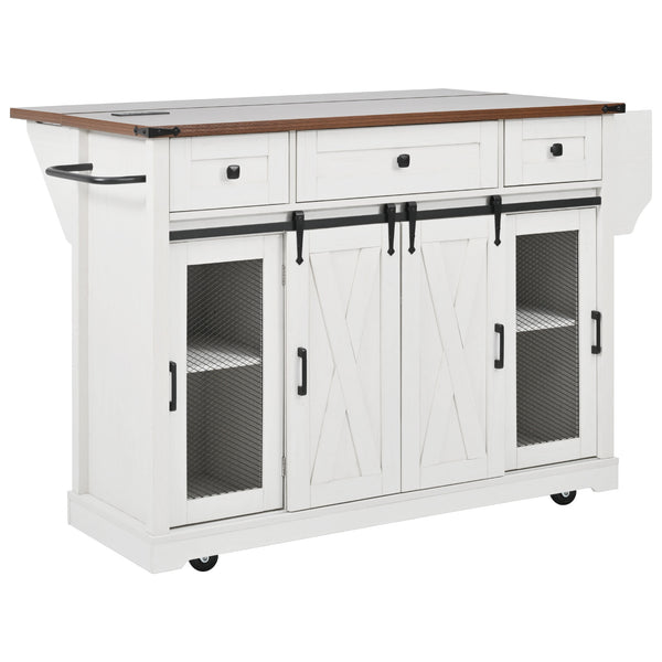 English Elm K&K 58" Farmhouse Kitchen Island with Sliding Barn Door, Drop Leaf, Glass Rack, Locking Wheels, Power White N707P349811W