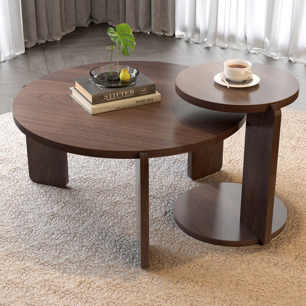 English Elm 32.68 Inch Black Oak Veneer Nesting Round Coffee Table Set for Modern Living Rooms W2899P435700