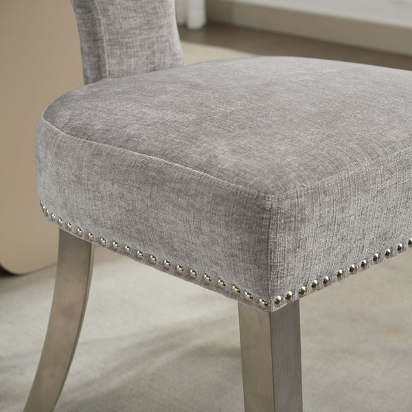 English Elm Mid Mid Century Modern Dining Chair Set with Curved Copper-Nail Backrest, High-Density Foam Seat, Brushed Stainless Legs Gray W1143P314900