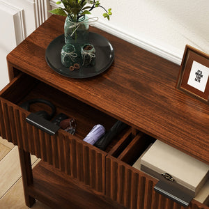 English Elm Mid-century Modern Console Table Fluted Drawers Walnut Finish Slim Entryway Sofa W2557P430472