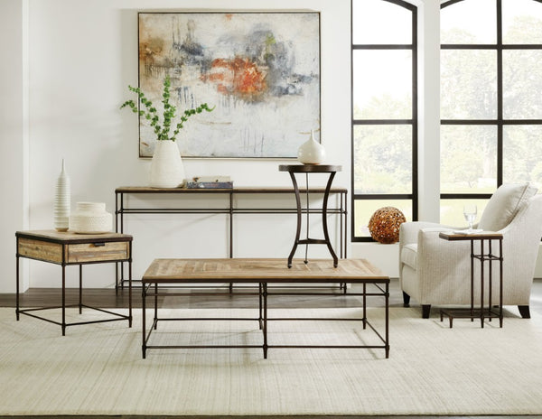 Hooker Furniture St. Armand Rectangular Cocktail Table With Distressed Acacia Top And Brushed Pewter Metal Base, Modern Minimalism Bronze 5601-80109-LTWD