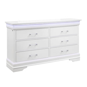 English Elm CHARLSTON Solid Wood 5-Drawer Chest with Built-In LED Lighting, Spacious Transitional Bedroom Storage White 62.4 L x 19.49 W x 37.01 H B201P215711