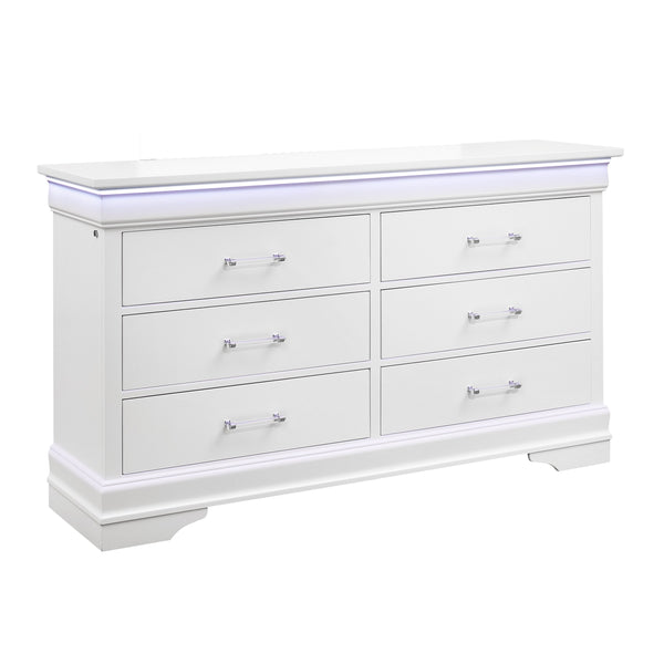 English Elm CHARLSTON Solid Wood 5-Drawer Chest with Built-In LED Lighting, Spacious Transitional Bedroom Storage White 62.4 L x 19.49 W x 37.01 H B201P215711