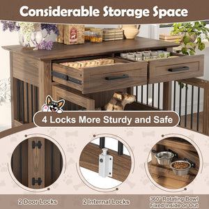 English Elm 44.48" Wooden Dog Crate End Table with Drawers Rotating Bowls Farmhouse Pet Kennel Brown N704P379112D
