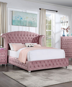 English Elm Glam Oversized Wingback Tufted Flannelette Queen Bed with Nailhead Trim, Crystal Accents, Cabriole Legs Pink 43 L x 83.5 W x 5 H B2741S00051