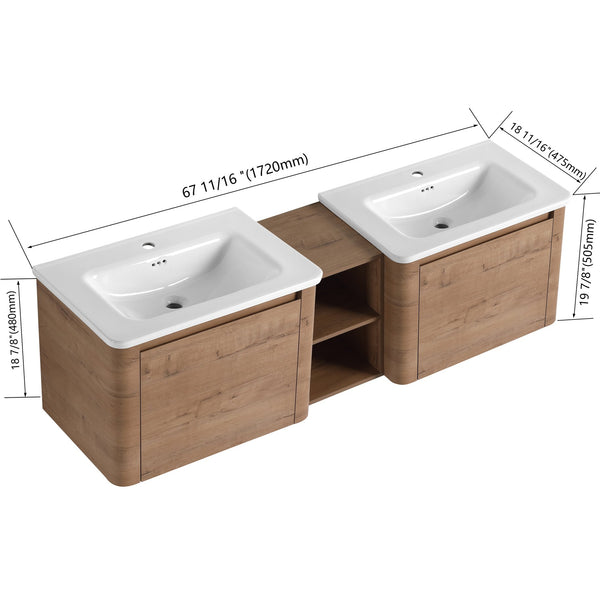 English Elm 68'' Wall-Mounted Bathroom Vanity with White Ceramic Sink, Plywood Shelves, Soft-Close Door Elegance W999S00382