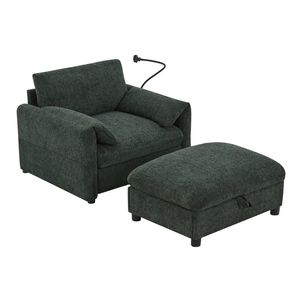 English Elm 37" Oversized Chenille Armchair with Ottoman Usb Charging Pocket Spring Living Room Green N723P387145F