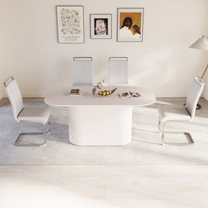 English Elm 63 Inch Cream Mdf Dining Table Set with Pu Chairs Silver Metal Legs Modern 5 Piece W2189S00889