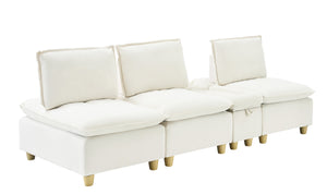 English Elm 104-inch pumpkin flannel three-seater sofa with storage cabinet, cup holders, adjustable backrest, comfy modern design Beige W1658S00096