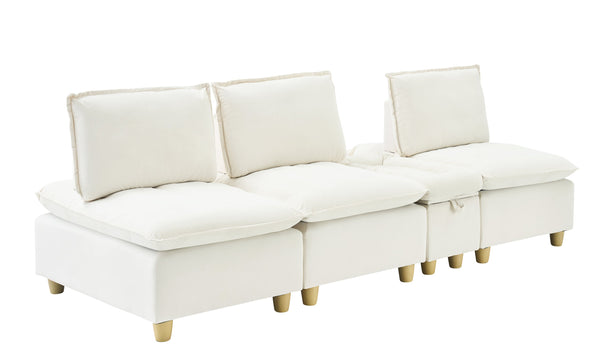 English Elm 104-inch pumpkin flannel three-seater sofa with storage cabinet, cup holders, adjustable backrest, comfy modern design Beige W1658S00096