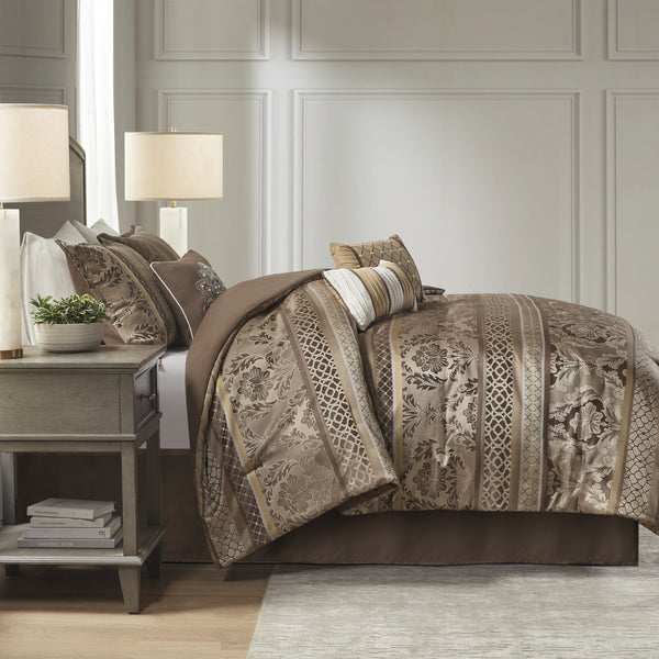 English Elm 7 Piece Jacquard Comforter Set - Luxurious Brown/Gold California King Bedding With Decorative Pillows B03597002
