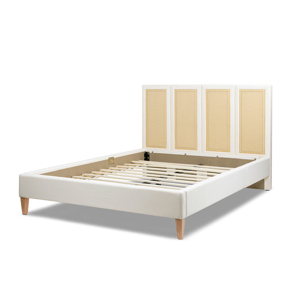 English Elm Jennifer Taylor Home - Toscana Queen Upholstered Cane Back Bed - Coastal Elegance In Antique White With Rattan Panels B2719P385736