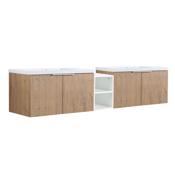 English Elm 84 Inch Wall Mounted Vanity with Dual Resin Sinks, Soft Close Doors, Metal Handles, Ample Storage Space Imitative Oak W999S00190