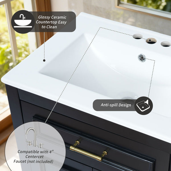 English Elm 24" Matte Single Sink Vanity Solid Poplar Frame Gold Hardware Soft Close Cabinet Black N710P389449B