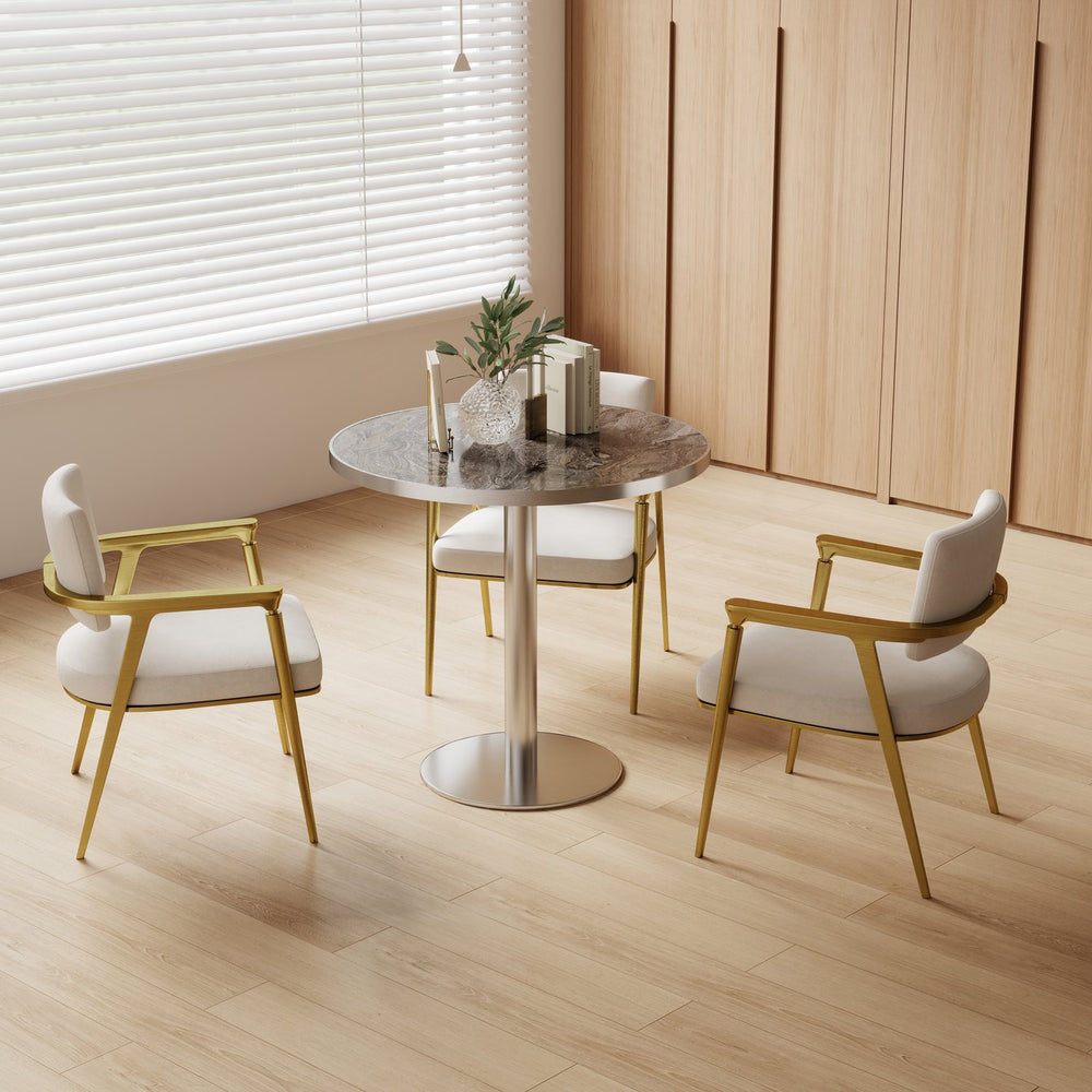English Elm Round Tulip Bistro Table Faux Marble Top Gold Pedestal Base for Small Dining Spaces W3316P421500