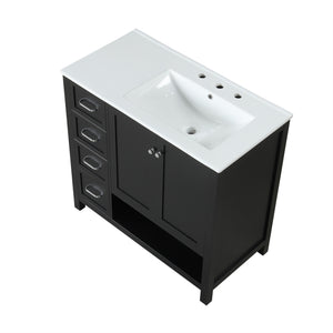English Elm 36" Freestanding Bathroom Vanity Solid Wood Mdf Cabinet Ceramic Undermount Sink Open Shelf Black N725P364203B