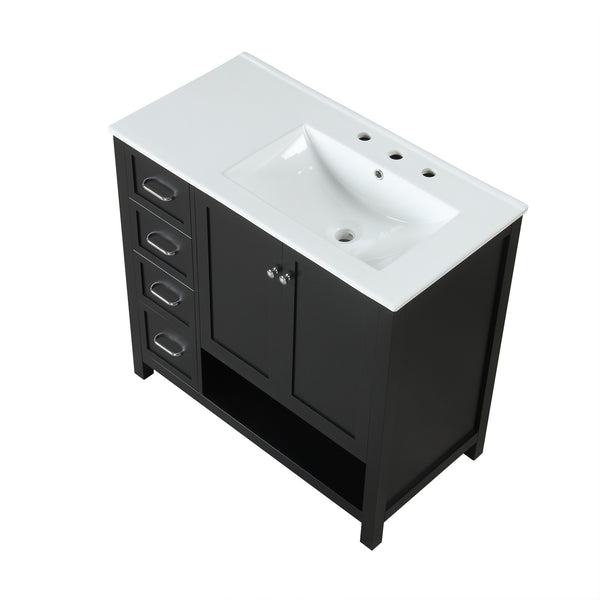 English Elm 36" Freestanding Bathroom Vanity Solid Wood Mdf Cabinet Ceramic Undermount Sink Open Shelf Black N725P364203B