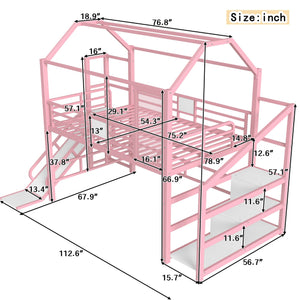 English Elm Full Full House Loft bed with Slide and Stairs, Metal House Play Loft with Storage Shelves and Quiet Design Pink W1580S00351