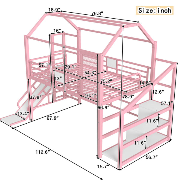 English Elm Full Full House Loft bed with Slide and Stairs, Metal House Play Loft with Storage Shelves and Quiet Design Pink W1580S00351