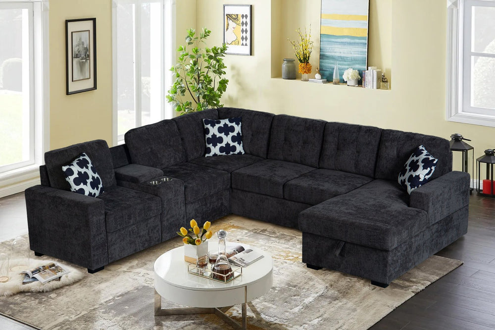 English Elm Multifunctional Modular Sectional Sofa with Hidden Storage Cup Holders and Flexible Seating Dark Grey B2730S00076