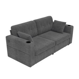English Elm Sofas for Living Room Chenille Three Seat Couch with Usb Charging Storage and Cup Holder Gray W395S00143