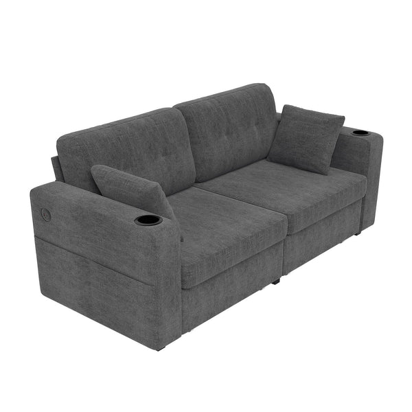 English Elm Sofas for Living Room Chenille Three Seat Couch with Usb Charging Storage and Cup Holder Gray W395S00143
