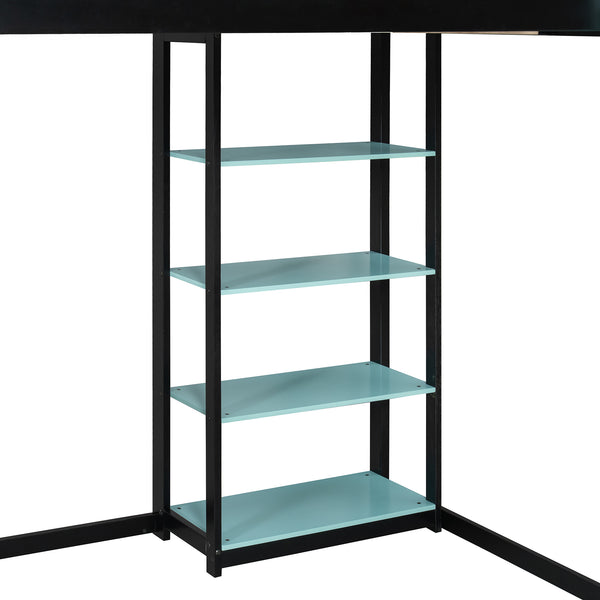 English Elm Full Size Loft Bed with Rgb Lighting Chevron Desk Usb Charging Ports and Storage Shelves Black+Blue LT000286AAC