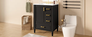 English Elm 24" Olive Bathroom Vanity Solid Wood Frame Ceramic Sink Gold Hardware Soft Close Black N729P373272B