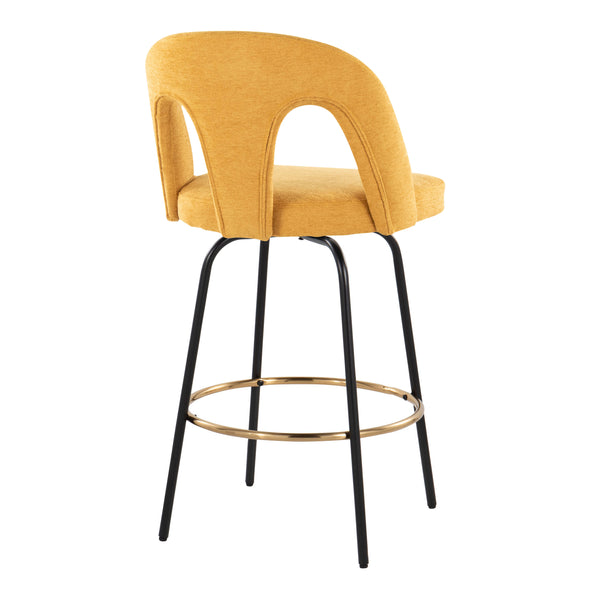 English Elm Fixed-height Swivel Counterstools with White Upholstery Gold Footrest Set of 2 Yellow B202S01785