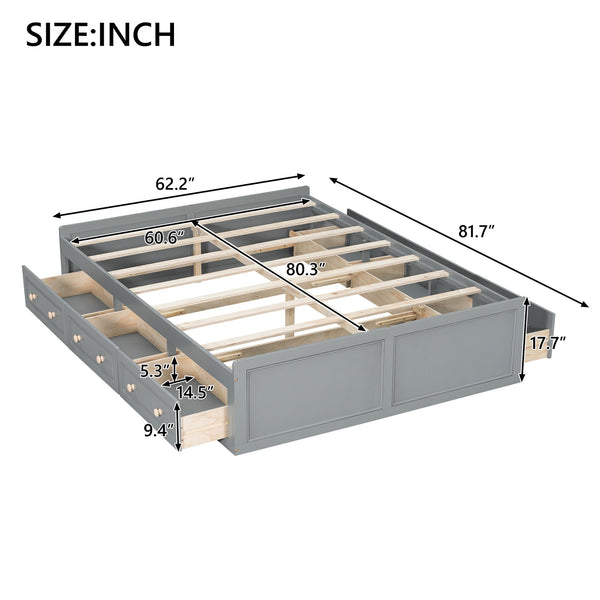English Elm Wood Queen Platform Bed Solid Pine Frame Six Storage Drawers No Box Spring Needed Gray N709P241723E-1