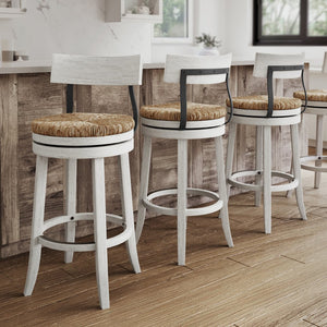 English Elm 31" Reclaimed Wood Barstool Woven Seagrass Seat Swivel Return for Kitchen Islands White B2751P436445