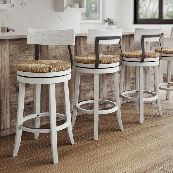 English Elm 31" Reclaimed Wood Barstool Woven Seagrass Seat Swivel Return for Kitchen Islands White B2751P436445