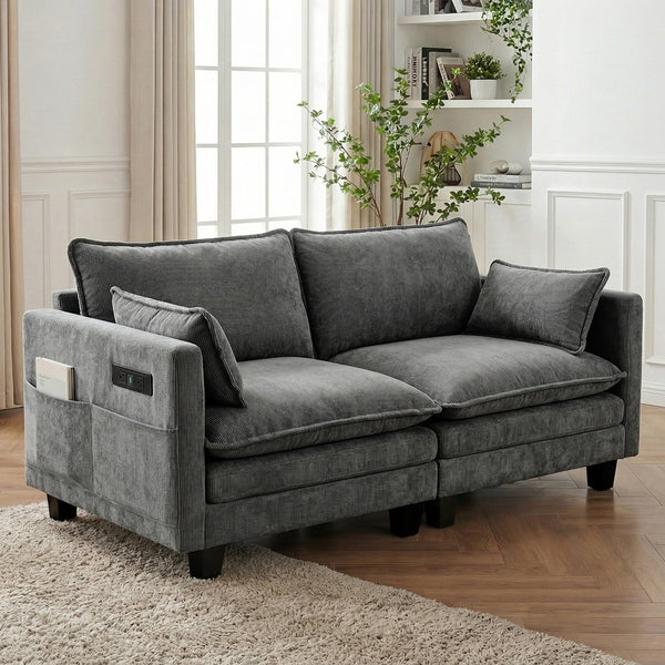 English Elm Modern Chenille Three Seat Sofa with Ottoman Usb Charging Ports and Storage Pockets Dark Grey W2519S00003