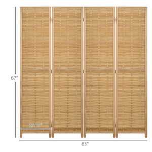 English Elm HOMCOM 4-Panel Reed Room Divider 5.5ft Folding Privacy Screen, Hand-Woven Freestanding Partition for Home Office Natural Wood W2225P229151