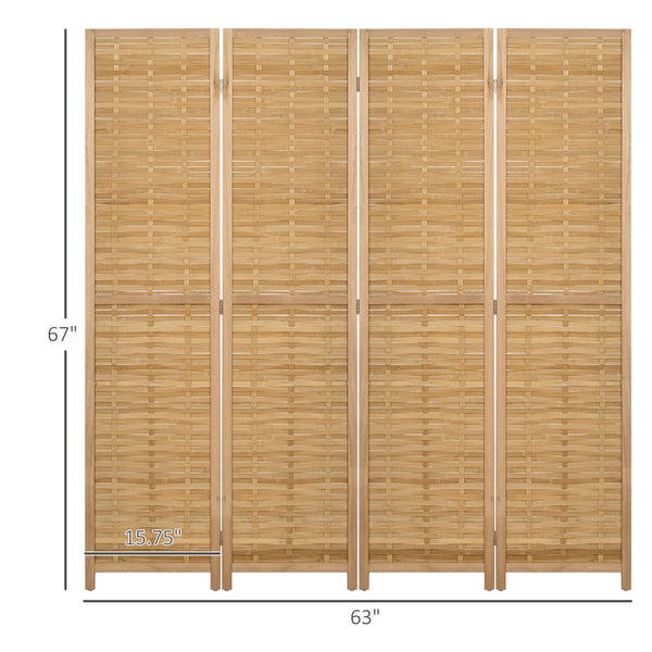 English Elm HOMCOM 4-Panel Reed Room Divider 5.5ft Folding Privacy Screen, Hand-Woven Freestanding Partition for Home Office Natural Wood W2225P229151