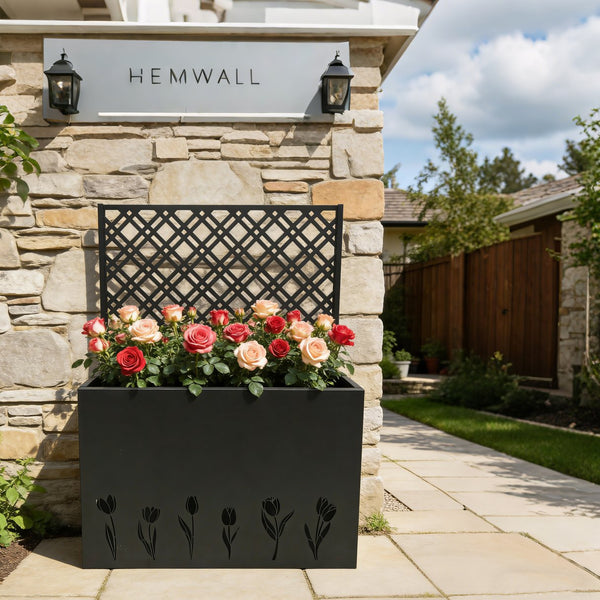 English Elm Tall Galvanized Metal Raised Planter with Integrated Trellis Outdoor Privacy Screen W1586P455892