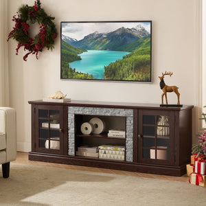 English Elm 70" Modern TV Stand with Faux Stone Top, Spacious 2-Door Media Console with Cable Management and Adjustable Shelves, Vintage Metal Handles, Durable MDF Construction for Living Room Entertainment (Fits up to 75") Cherry W2275P342689