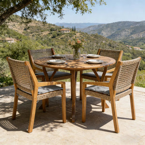 English Elm Modern Acacia Wood Round Patio Dining Set with Wicker Armchairs and Uv Resistant Cushions N770PS597R916