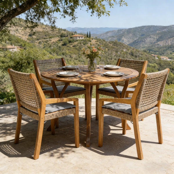 English Elm Modern Acacia Wood Round Patio Dining Set with Wicker Armchairs and Uv Resistant Cushions N770PS597R916