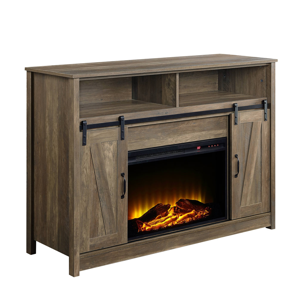 English Elm Tobias Electric Fireplace TV Stand with Sliding Barn Door, 2 Door & 2 Open Storage, 1400W Heater Oak 31.6 L x 9.1 W x 22.8 H B2726S00483