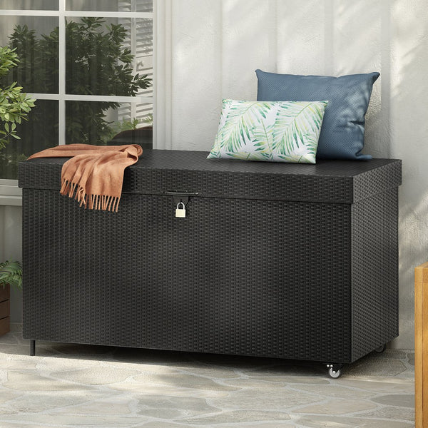 English Elm K&K 200 Gallon Wicker Deck Box with Lockable Lid, Hydraulic Pistons, Wheels, Weatherproof Storage Black N707P245457B